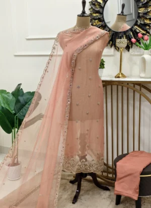 Crush shimmer Punjabi suit in Peach Blush with embroidered dupatta