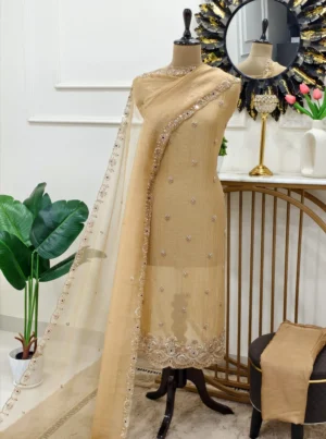 Sand beige crush shimmer Punjabi suit unstitched with embroidered dupatta