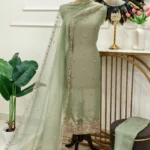 Crush shimmer Punjabi suit in Sage Green with embroidered dupatta