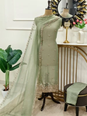 Crush shimmer Punjabi suit in Sage Green with embroidered dupatta