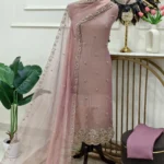 Crush shimmer Punjabi suit in Dusty Mauve with embroidered dupatta