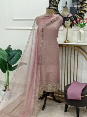 Crush shimmer Punjabi suit in Dusty Mauve with embroidered dupatta