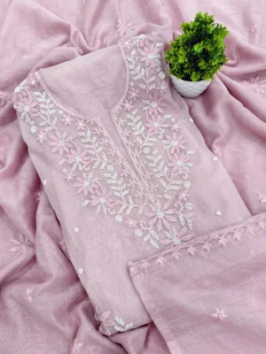 Pink pearl work Punjabi suit in Rose Pink with embroidered neckline and dupatta