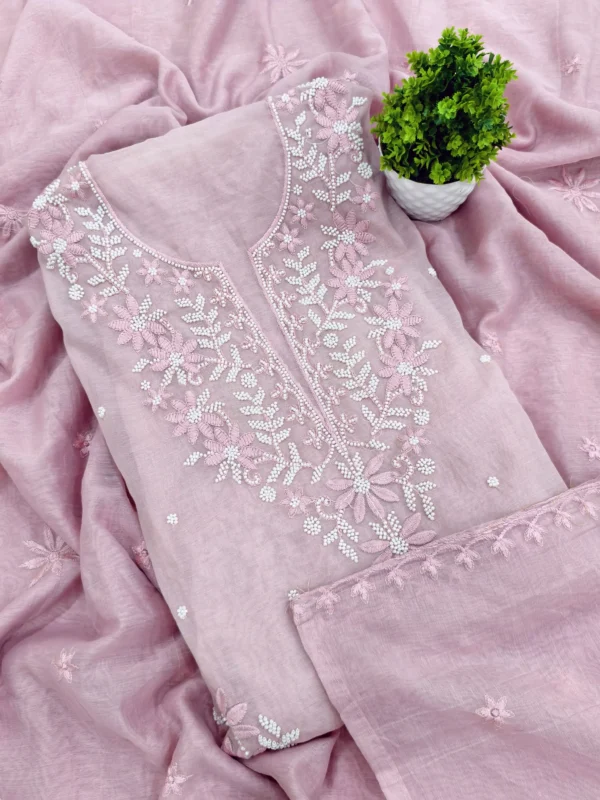 Pink pearl work Punjabi suit in Rose Pink with embroidered neckline and dupatta