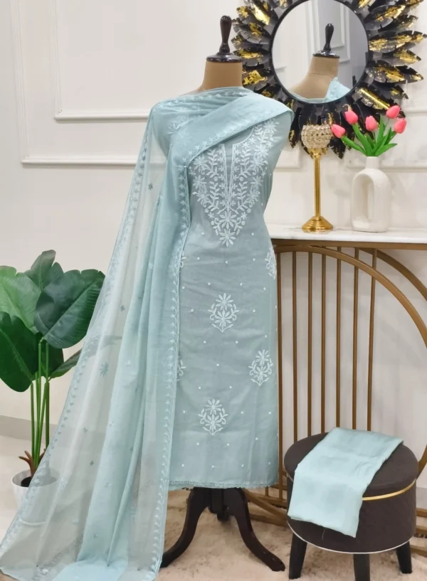 Blue pearl work Punjabi suit in Ice Blue with embroidered neckline and dupatta
