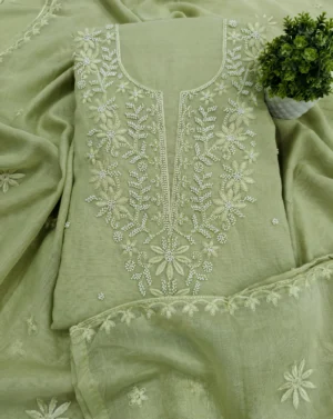 Green pearl work Punjabi suit in Pear Green with embroidered neckline and dupatta