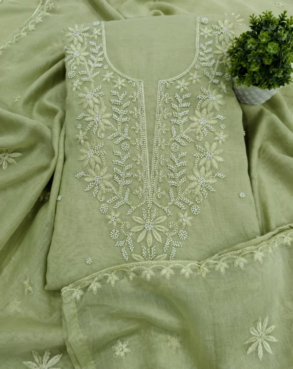 Green pearl work Punjabi suit in Pear Green with embroidered neckline and dupatta