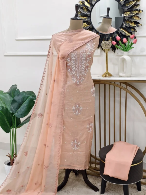 Stitched Punjabi suit in Soft Peach with embroidered dupatta