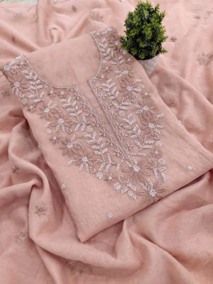 Unstitched pearl work Punjabi suit in Soft Peach with embroidered neckline